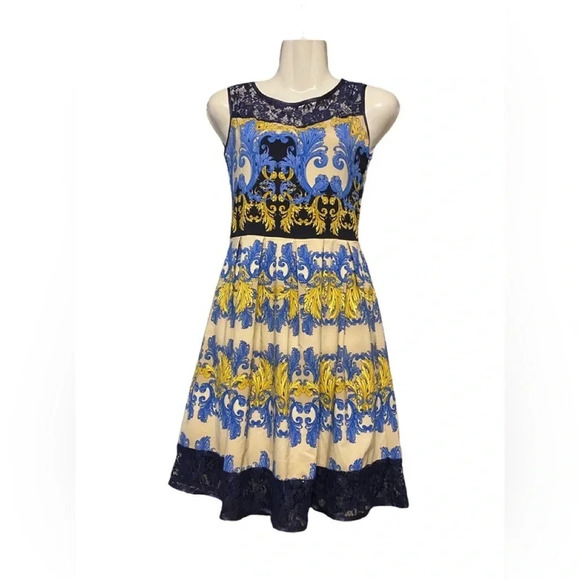 Bicotone Baroque Print Lace Detail Fit and Flare Dress - Picture 1 of 8
